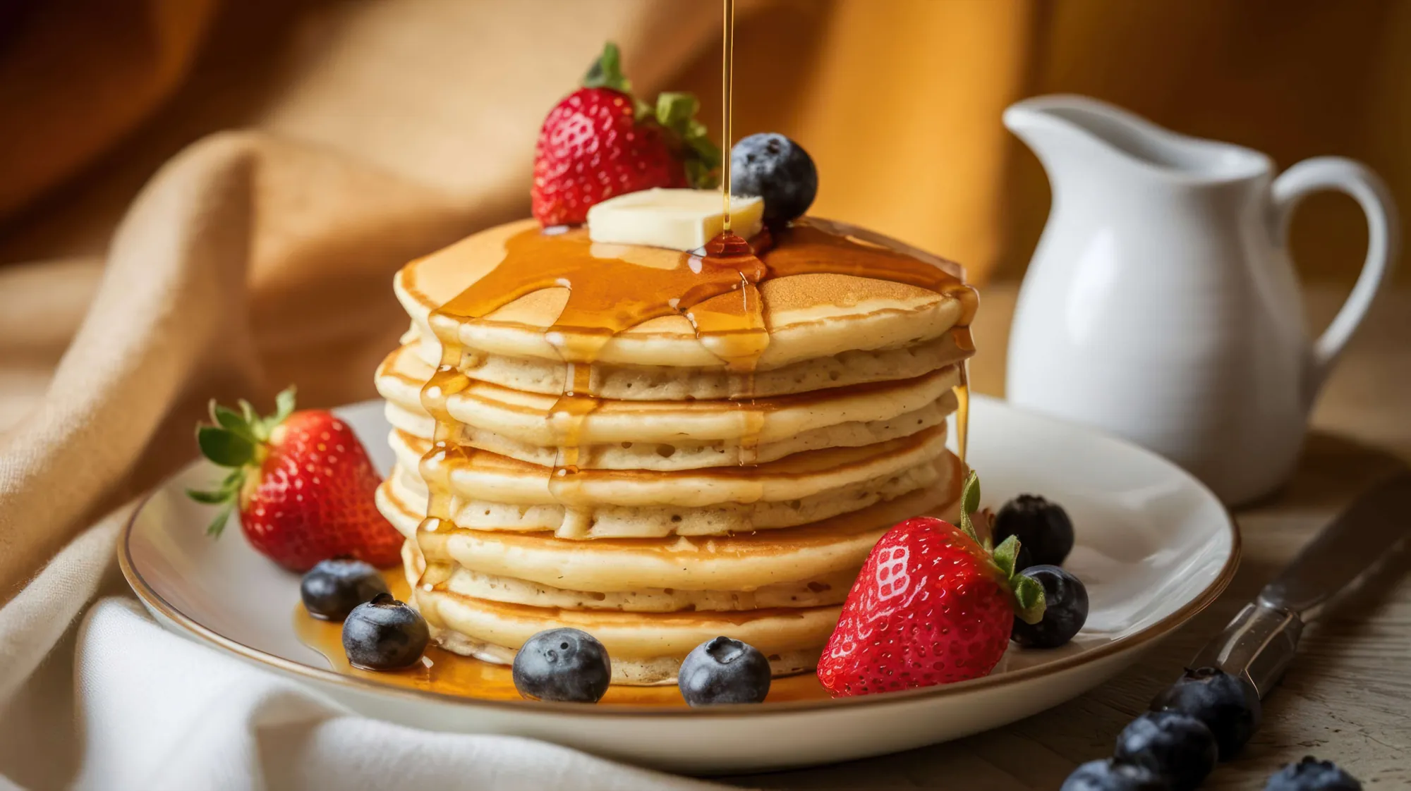 Stack of maple syrup pancakes with strawberries and blueberries